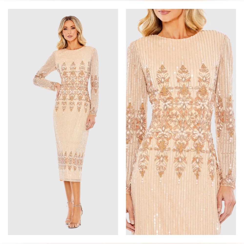 Embellished Long-Sleeve Sequin Midi Dress - Champagne